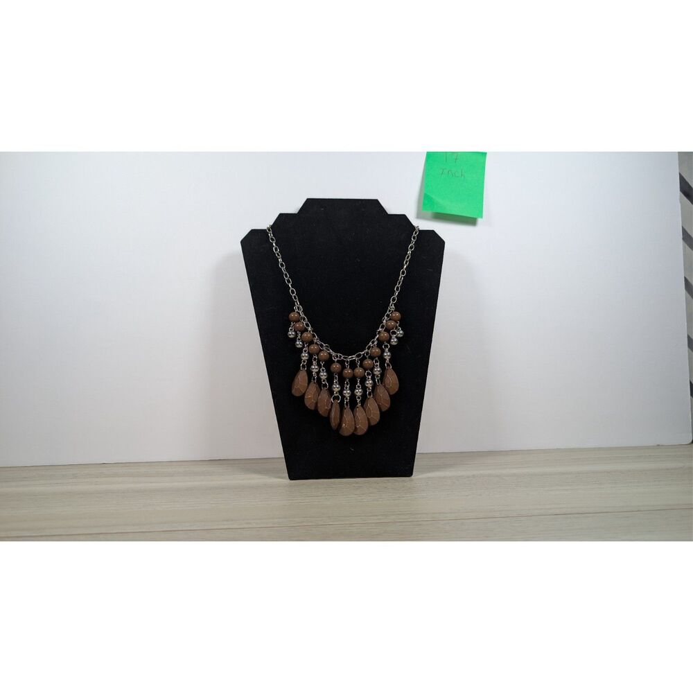 Brown Beaded Statement Necklace Silver Tone Chain Teardrop Dangle 17 Inch Boho
